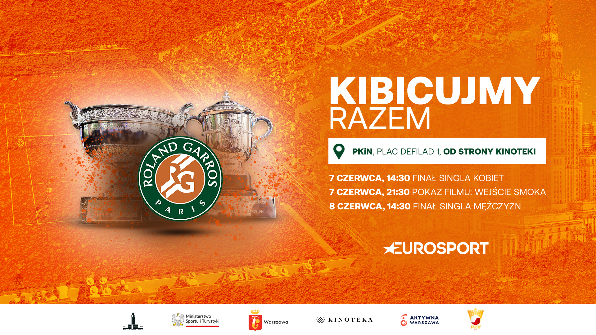 Grafika promująca wspólne kibicowanie finałom Roland-Garros przy PKiN w Warszawie