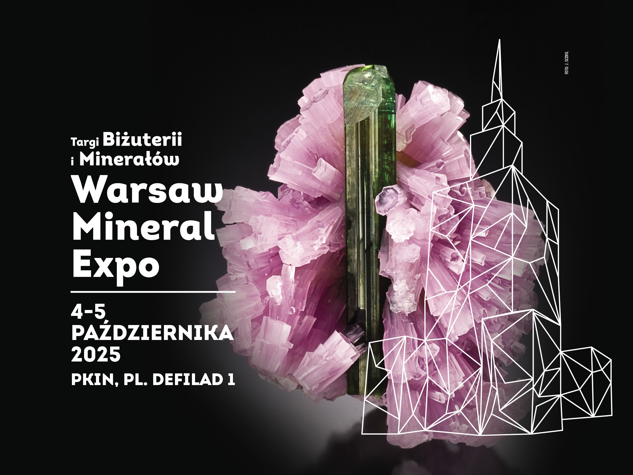 Plakat wydarzenia Warsaw Mineral Expo – Targi Biżuterii i Minerałów, które odbędą się 4–5 października 2025 roku w Pałacu Kultury i Nauki w Warszawie. Na czarnym tle znajduje się fotografia różowego minerału z zielonym kryształem w centrum oraz biała geometryczna ilustracja Pałacu Kultury i Nauki.