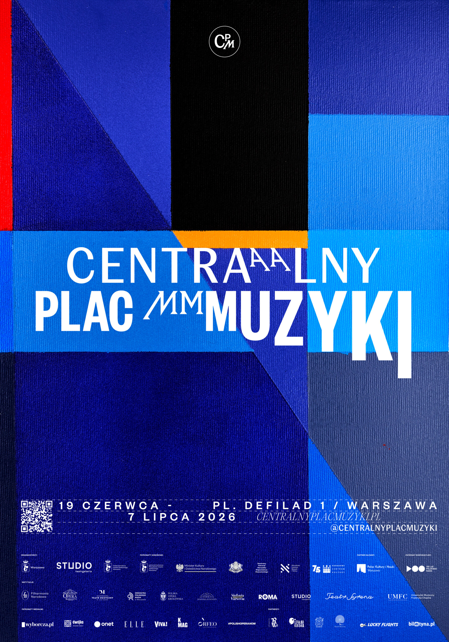 Centralny Plac Muzyki 2026 na Placu Centralnym przed Pałacem Kultury i Nauki w Warszawie – plakat wydarzenia z datami 19 czerwca – 7 lipca 2026