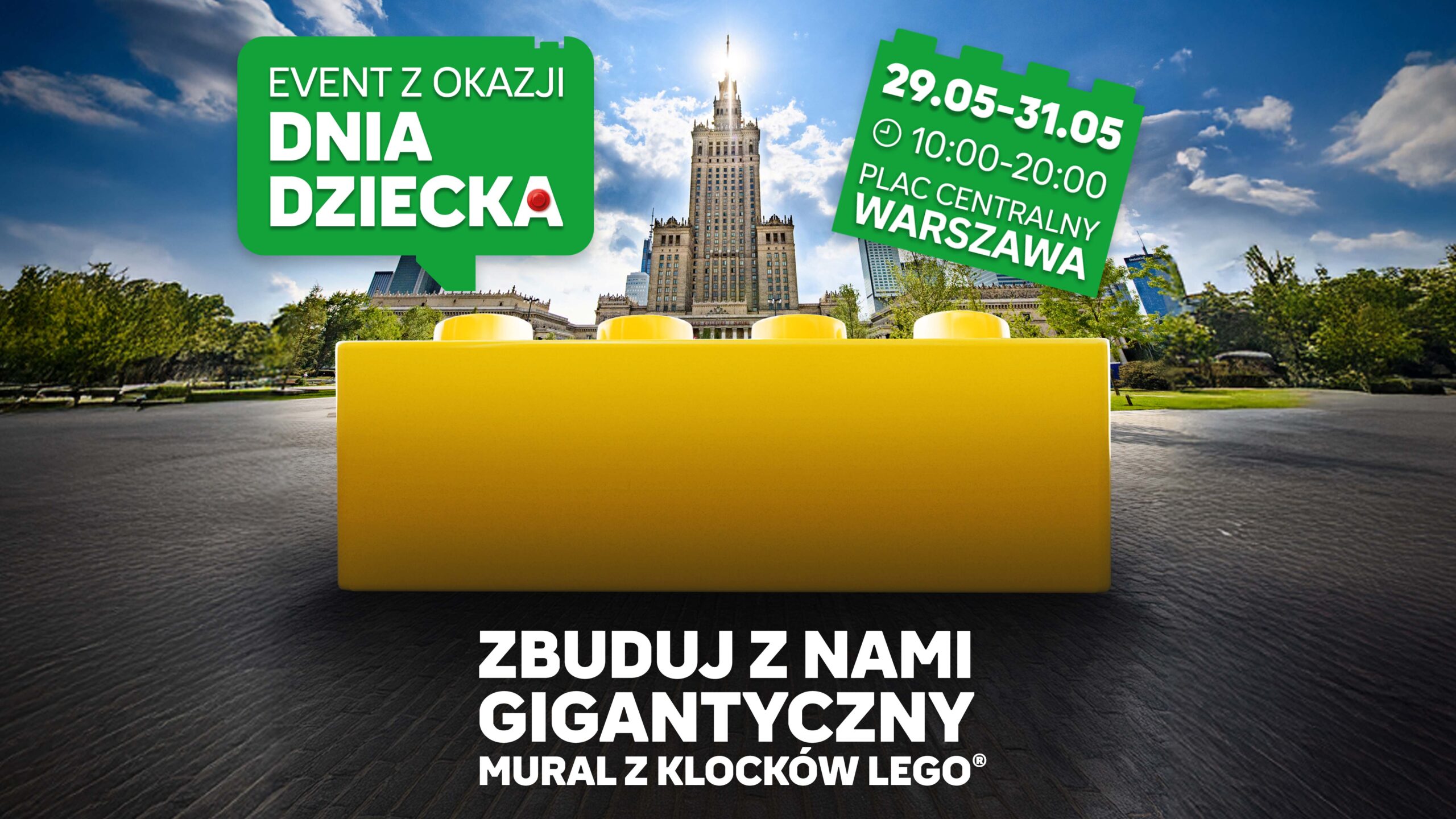 Gigantyczny mural z klocków LEGO przy Pałacu Kultury i Nauki w Warszawie z okazji Dnia Dziecka
